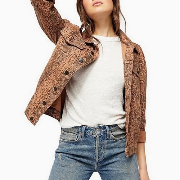 NEW🐍 Free People Snake Print Black and Brown Button Up Denim Jacket, Small - Picture 3 of 14